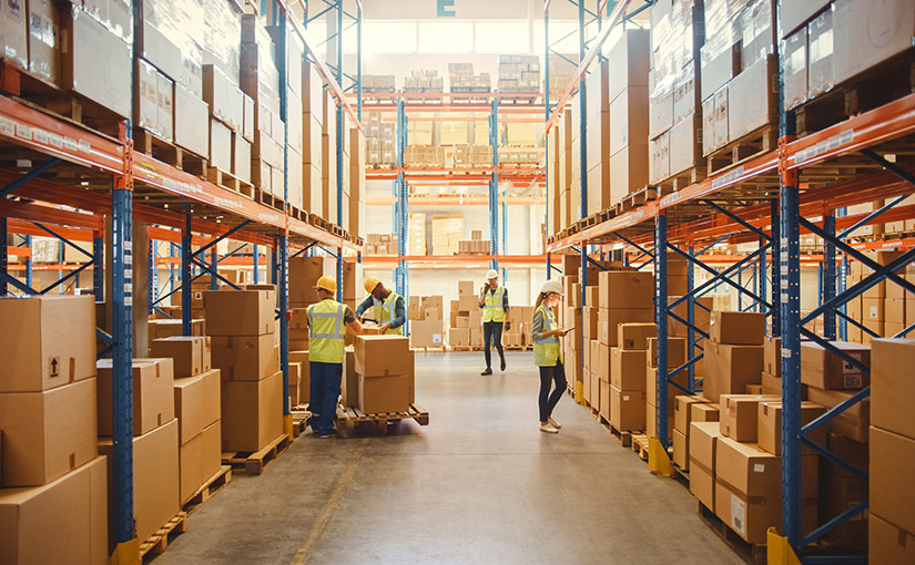 Four warehouse workers unloading boxes from shelves in a fulfillment center.