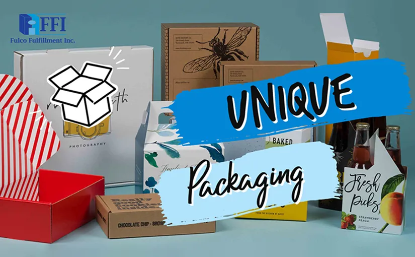 A photo of various packaging materials such as boxes, with an illustration of a box and text overlay that reads: Unique Packaging.